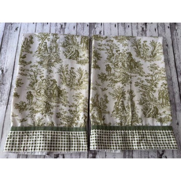 PAIR Waverly Cotton Green White Country Life Towel Cotton Kitchen Towels Cottage - Picture 1 of 7